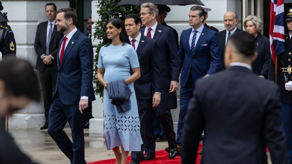 From left, Vice President JD Vance and second lady Usha Vance, pregnant with their fourth child, arrive with cabinet members ahead of the arrival of King Charles III and Queen Camilla for an event on the South Lawn of the White House in Washington, April 28, 2026. The Vances welcomed their fourth child on Sunday, July 19, 2026. (Anna Rose Layden/The New York Times)