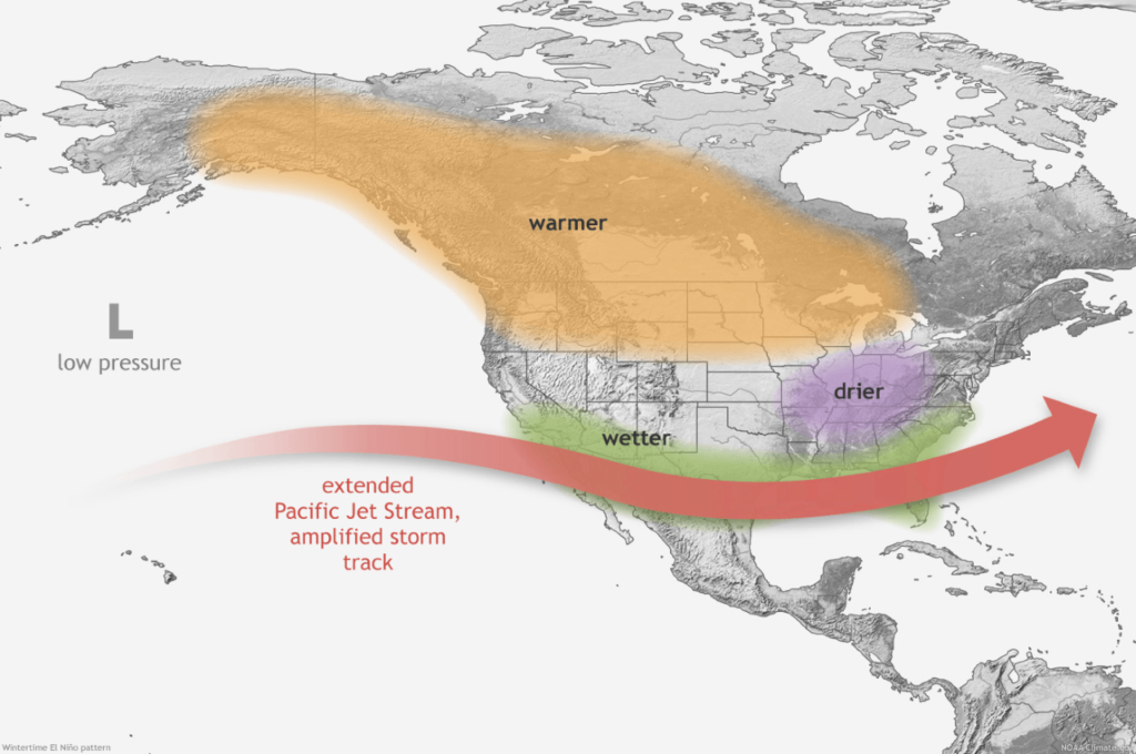 Graphic of how El Nino affects the weather in the U.S., Canada, and South America