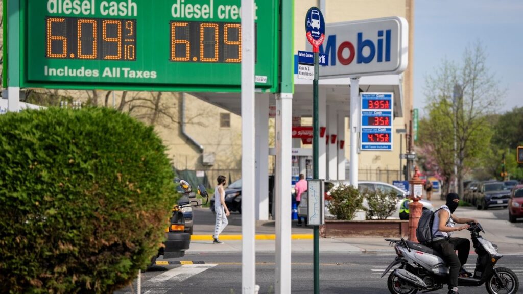 Gas stations in Brooklyn, April 16, 2026. The Consumer Price Index dropped to an 3.5 percent annual rate in June during a lull in fighting with Iran that now seems over. (Vincent Alban/The New York Times)