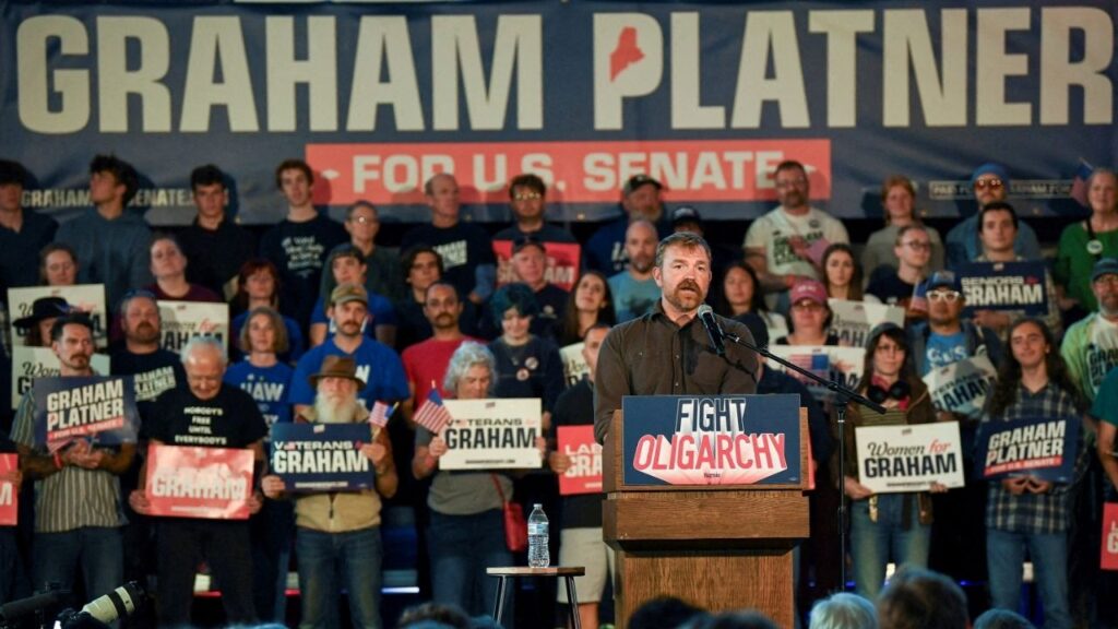 Graham Platner, Democratic candidate for U.S. Senate in Maine, speaks during a "Fighting Oligarchy" campaign rally with U.S. Senator Bernie Sanders (I-VT) in Portland, Maine, U.S., May 25, 2026. (Reuters File)