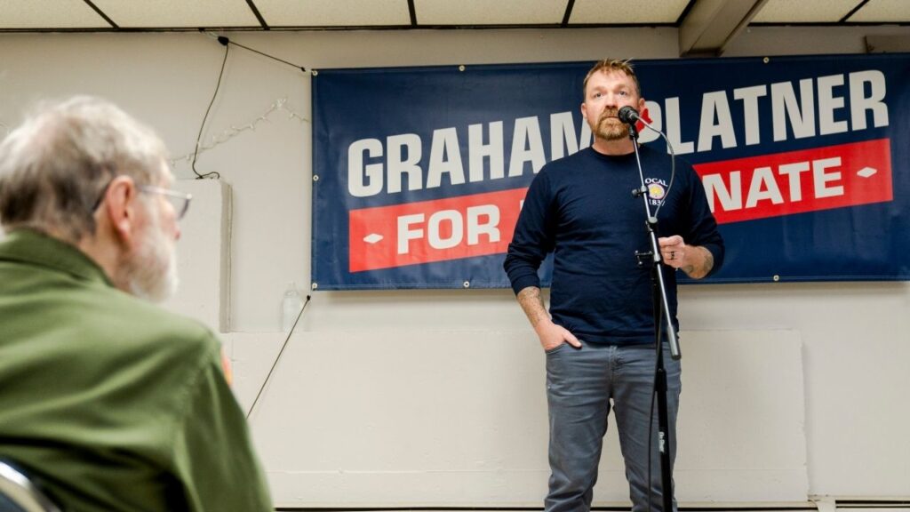 Graham Platner, a Democratic candidate for the Senate, campaigns in Sabattus, Maine, April 29, 2026. Platner, the Democratic nominee for Senate in Maine and a onetime star of the progressive movement, suspended his campaign on Wednesday, July 8, 2026, under intense pressure from all corners of his party after a woman accused him of rape. (Sophie Park/The New York Times)
