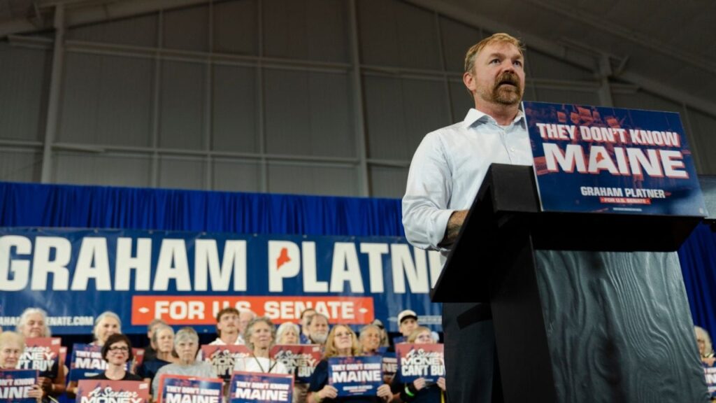 Graham Platner, the Democratic candidate for Senate, campaigns in Blue Hill, Maine, June 9, 2026. Platner said on July 6 that he was taking time to “reflect” on his political path forward after a report that a woman had accused him of sexual assault, which he denied. (Sophie Park/The New York Times)