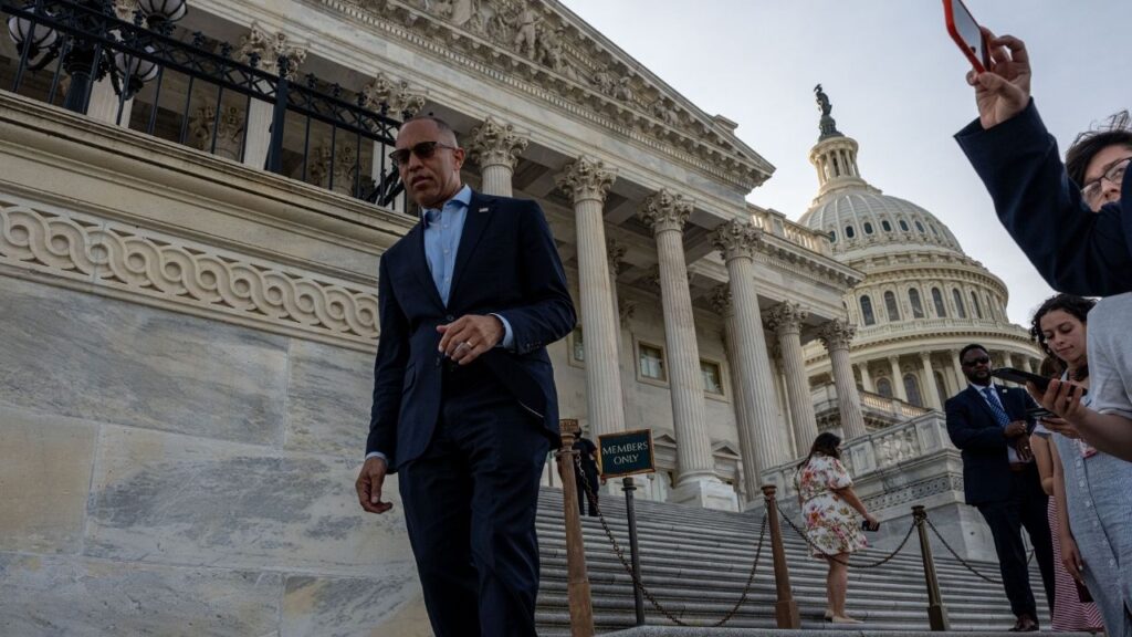 House Minority Leader Hakeem Jeffries (D-N.Y.) outside the Capitol in Washington, June 30, 2026. The House on Wednesday, July 15, rejected a measure to eliminate U.S. aid to Israel, but the large amount of support it drew from Democrats reflected a rapid and dramatic shift within the party away from decades of unequivocal support for the Jewish state. (Alex Kent/The New York Times)
