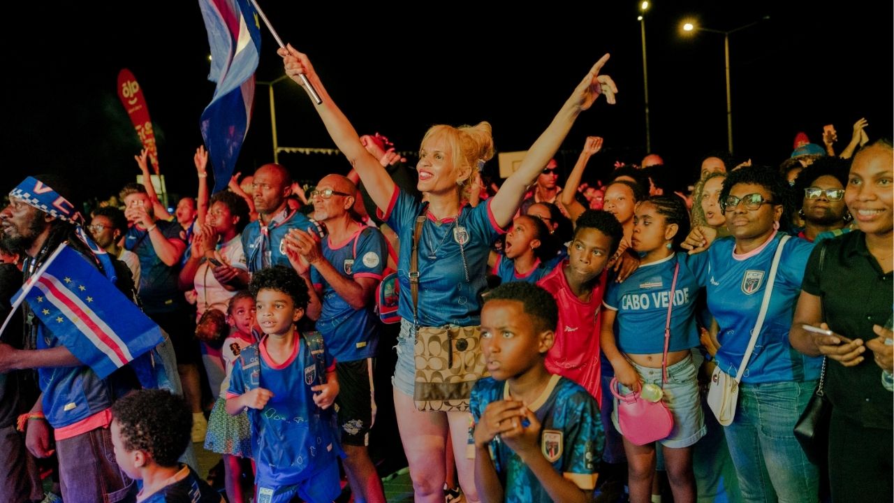 Supporters of Cape Verde’s national soccer team watch the match against Argentina for the World Cup in Praia, Santiago, Cape Verde, July 3, 2026. The tiny African nation was eliminated from the World Cup by one of soccer’s biggest powers but there was still plenty to celebrate. (Carmen Abd Ali/The New York Times)