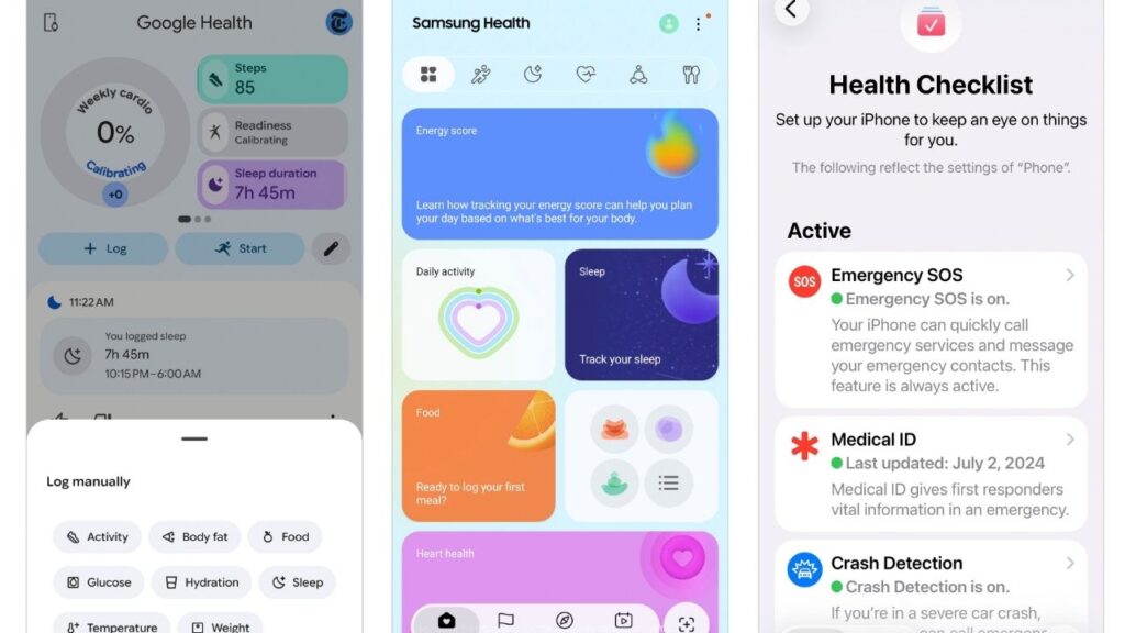 In a combination of images from Google, Samsung and Apple, from left, the Google Health, Samsung Health and Apple’s Health apps. The apps offer plenty of tools and features to help you manage your diet, exercise and personal safety. (Google; Samsung; Apple via The New York Times)