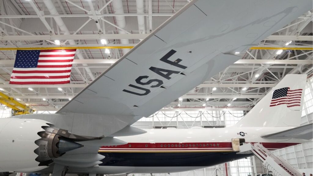 The Boeing 747-8 gifted by the Qatari royal family on its way to becoming the new Air Force One, in a hangar at Joint Base Andrews in Maryland, June 19, 2026. A New York Times investigation found that Trump’s push to speed delivery of the aircraft gifted by the Qatari royal family to the U.S. Defense Department led to ballooning costs and trade-offs in safety features during its conversion for use as Air Force One. (Allison Robbert/The New York Times)