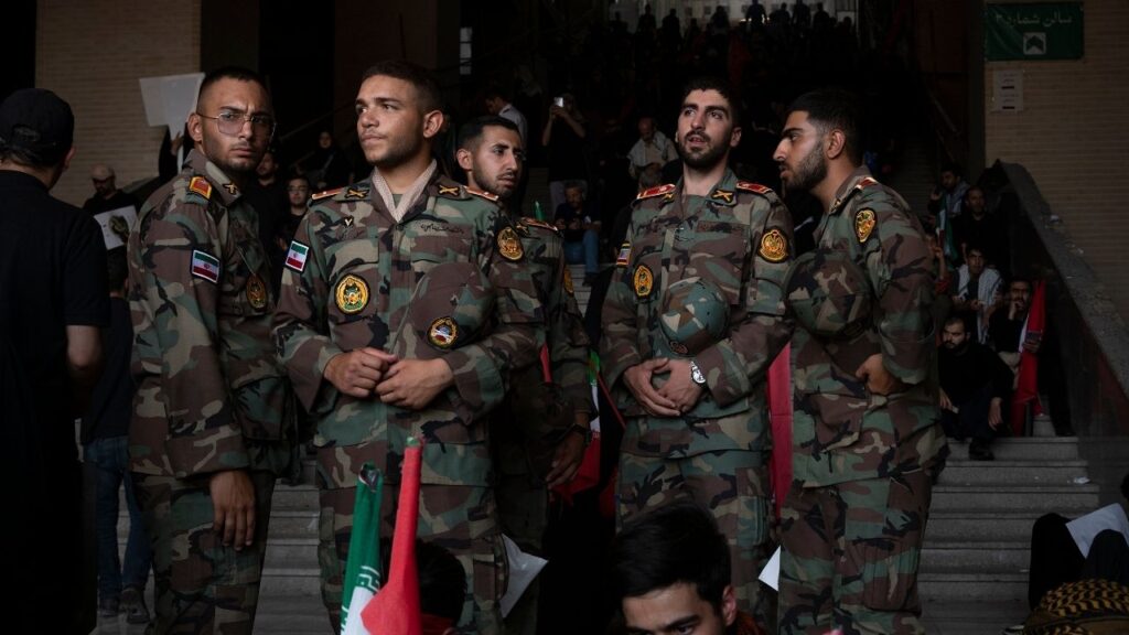Iranian army cadets join the funeral procession at the Grand Mosalla in Tehran to pay their respect to Ayatollah Ali Khamenei, on Sunday, July 5, 2026. On the second day of public mourning for Ayatollah Ali Khamenei, who was killed in February, there was still no sign of his son and successor, Mojtaba Khamenei. (Emile Ducke/The New York Times)