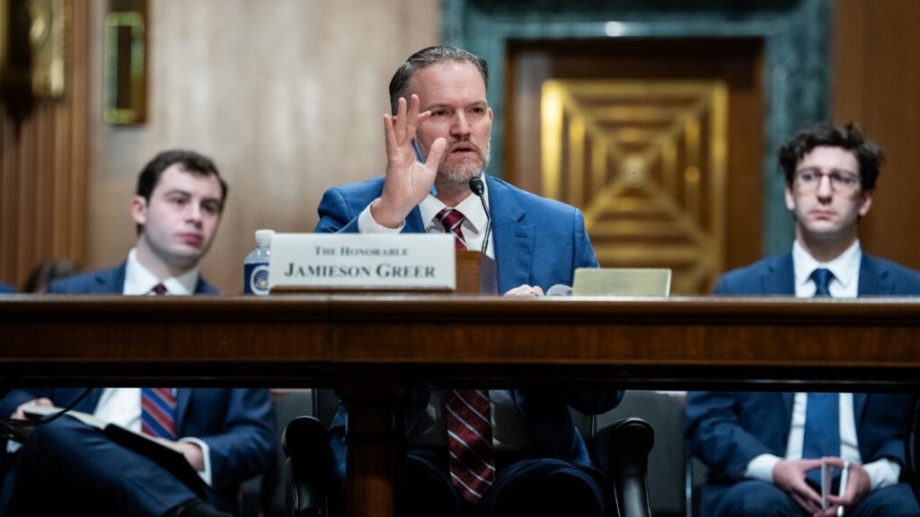 Jamieson Greer, the U.S. trade representative, testifies before the Senate Committee on Finance on Capitol Hill in Washington, on Wednesday, July 22, 2026. A global 10 percent tariff that President Donald Trump imposed in February after the Supreme Court struck down his earlier global tariffs is set to lapse at 12:01 a.m. on Friday. The administration has a new batch of tariffs ready to go to replace it, which could be announced as soon as Thursday.(Haiyun Jiang/The New York Times)