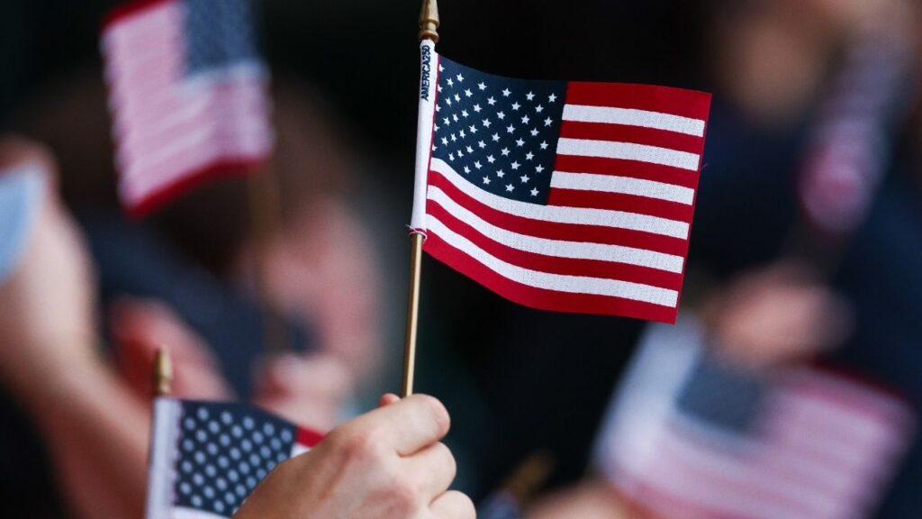 Jul 4, 2026; Cumberland, Georgia, USA; A detailed view of an American flag waved by a fan before a game between the Atlanta Braves and New York Mets at Truist Park. Mandatory Credit: Colin Hubbard-Imagn Images
