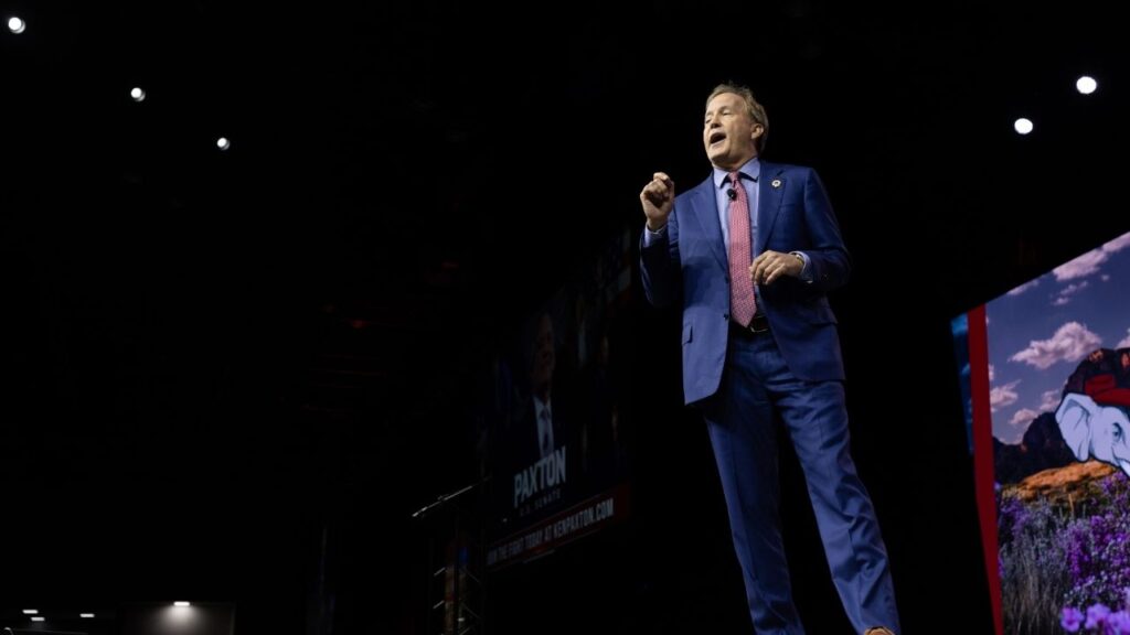 Ken Paxton, a Republican candidate for the U.S. Senate, speaks during the Republican Party of Texas State Convention in Houston, June 12, 2026. A major shift among Hispanic voters and a favorable candidate matchup have helped put Democrats on the doorstep of a Senate upset. (Antranik Tavitian/The New York Times)