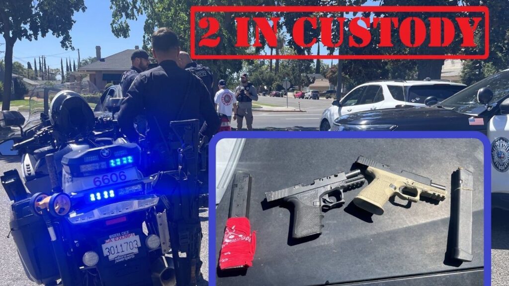 Madera police arrested Eric Calzada, 19, and Alexander Pimentel, 18, after a traffic stop recovered two illegally possessed ghost guns and Pimentel allegedly fled on foot before being captured. (Madera PD)