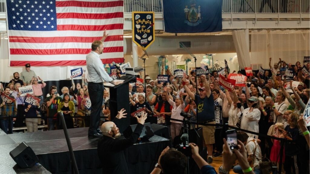 Graham Platner speaks to supporters in Blue Hill, Maine, after winning the Democratic nomination for the Senate on June 9, 2026. Platner withdrew from the Maine Senate race on Friday, July 10, ending his tumultuous political saga and allowing Democrats to begin the process of selecting an alternate nominee. (Sophie Park/The New York Times)
