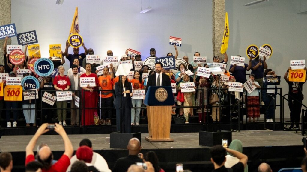 Mayor Zohran Mamdani of New York during an event about city-owned grocery stories in the Bronx, May 18, 2026. Mayor Zohran Mamdani’s five city-owned grocery stores will provide a 30 percent discount on produce, meat, bread and milk, he will announce on July 27, 2026. (Elias Williams/The New York Times)