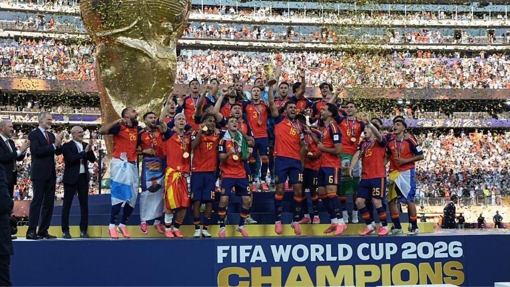 Members of Spain’s national soccer team celebrate their 1-0 victory over Argentina in the World Cup final in East Rutherford, N.J., on Sunday, July 19, 2026. For many Spanish fans, the World Cup victory cemented a belief that something promising — a cultural, economic and sports revival — is happening in the country. (Haiyun Jiang/The New York Times)
