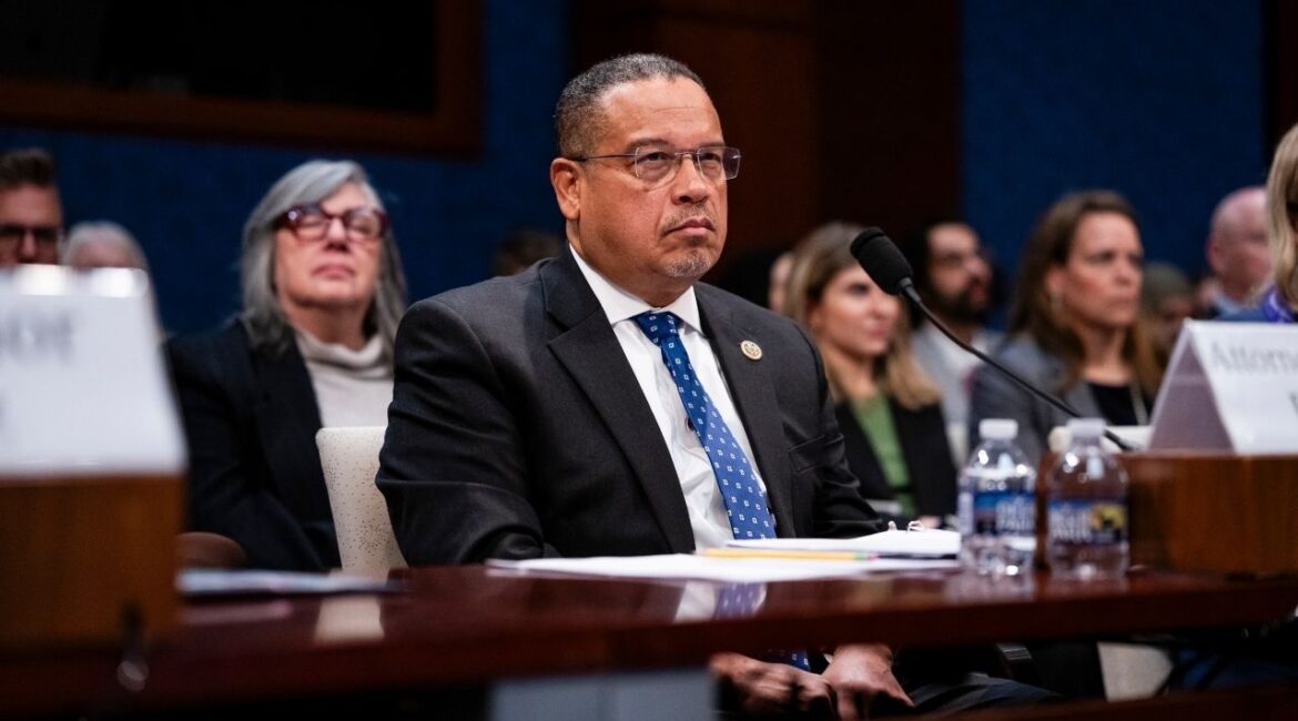 Minnesota Attorney General Keith Ellison during a House committee hearing focused on fraud and misuse involving federal funds in his state, at the U.S. Capitol in Washington, March 4, 2026. Ellison said the Board of Pardons granted Tou Lue Vang a pardon only after an “exhaustive” process that included a statement of support from the victim. (Eric Lee/The New York Times)
