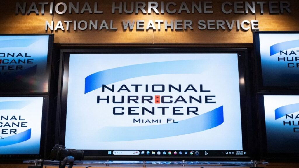 Monitors are pictured at the National Hurricane Center (NHC) during a news conference in Miami, Florida, U.S. May 30, 2025. REUTERS/Marco Bello