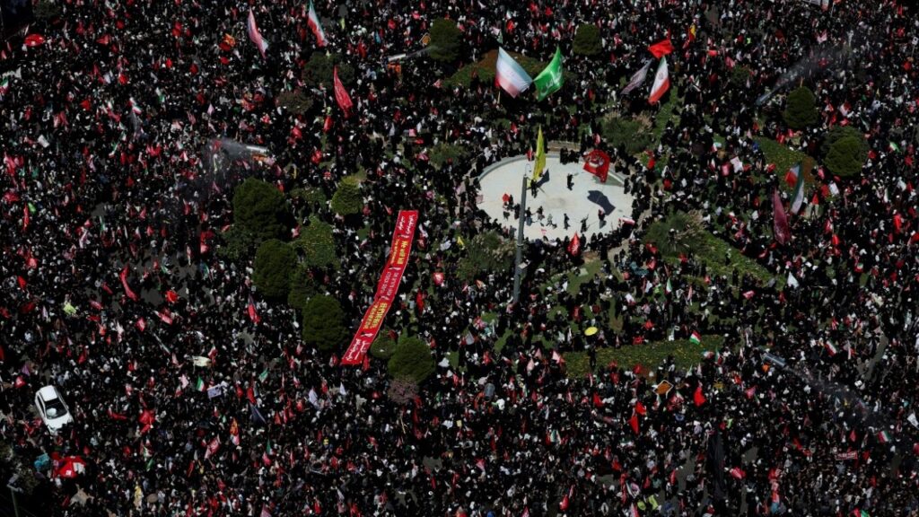 Mourners gather on the day of the burial of Iran's late Supreme Leader Ayatollah Ali Khamenei, who was killed on February 28 in Israeli and U.S. airstrikes, in Mashhad, Iran, July 9, 2026. (Reuters/Mohammed Salem)