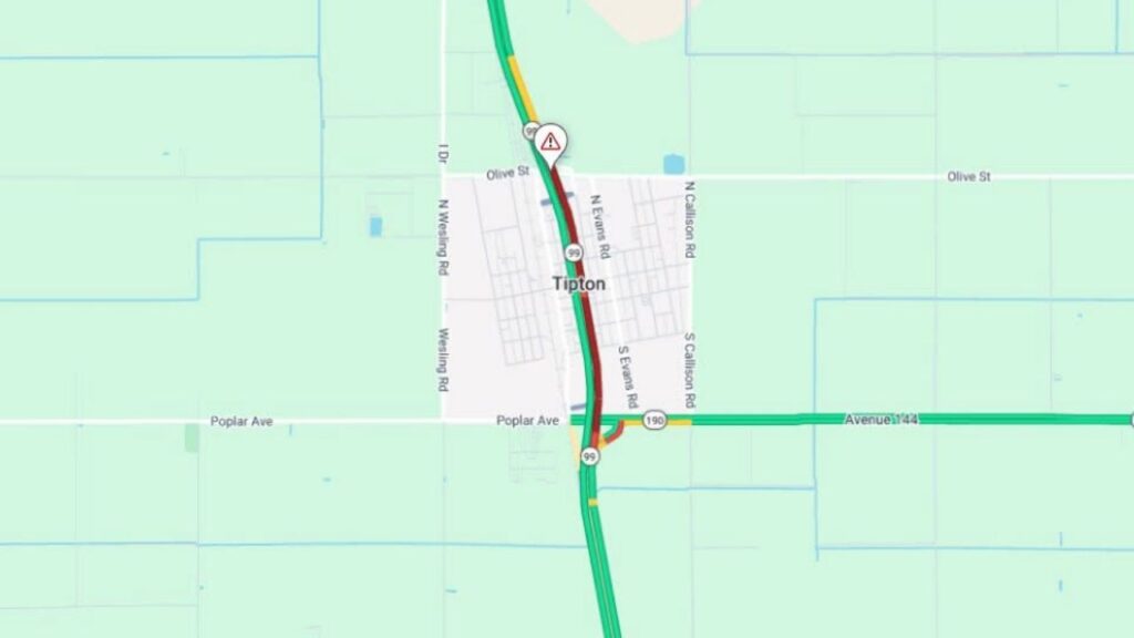 Northbound Highway 99 in Tulare County was reduced to one lane near Tipton after a spilled load of asphalt caused traffic backups and delays. (Caltrans)
