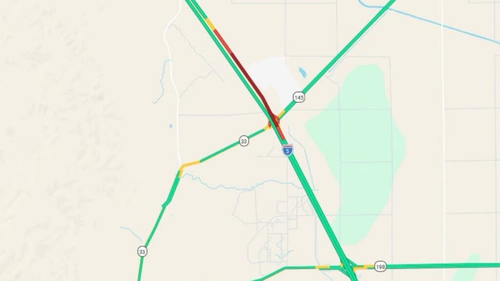 Northbound Interstate 5 in Fresno County was reduced to one lane after an overturned semi-truck caused a 3-mile traffic backup near State Route 145, according to Caltrans. (Caltrans)
