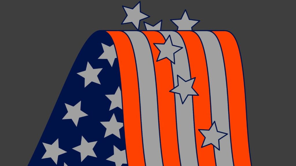 Illustration in red white and blue of stars falling off an American flag, symbolizing future population loss