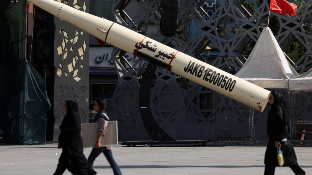 People walk next to a symbolic mockup of an Iranian missile at Imam Hussein Square in Tehran, Iran, July 12, 2026. Majid Asgaripour/WANA (West Asia News Agency) via Reuters