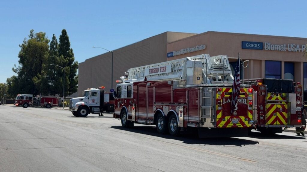 Pepper spray used during the arrest of a man inside a Fresno plasma center ceiling spread through a commercial building, forcing the evacuation of 41 people and prompting a hazardous materials response. (Fresno FD)