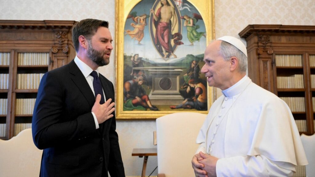 Pope Leo XIV meets with U.S Vice President JD Vance at the Vatican, May 19, 2025. Vatican Media/­Simone Risoluti/Handout via REUTERS