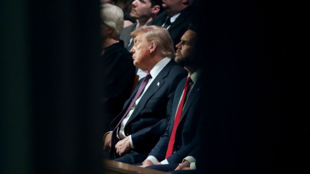 President Donald Trump and Vice President JD Vance attend a memorial service for Sen. Lindsey Graham (R-S.C.) at the Washington National Cathedral in Washington on Tuesday, July 28, 2026. Graham, the Trump opponent turned outspoken ally who died at 71 this month, will be honored with two days of funeral services this week. (Doug Mills/The New York Times)