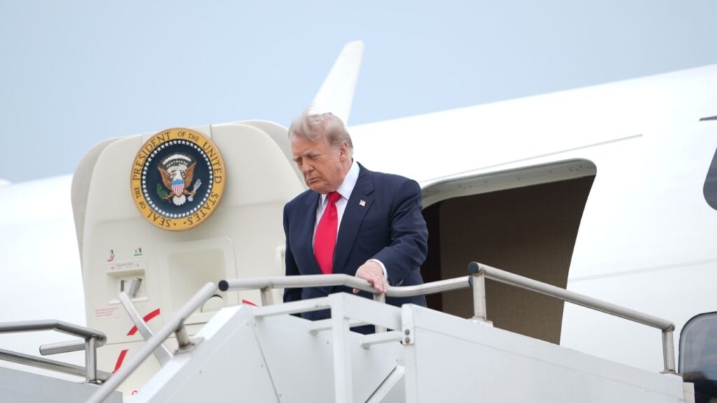 President Donald Trump disembarks Air Force One at Oakland County International Airport in Waterford Township, Mich., July 27, 2026. Over the weekend, President Trump rejected a return to full-scale war. But as he tries to find a way out of a conflict he started, Iran has proved a stubborn enemy. (Doug Mills/The New York Times)