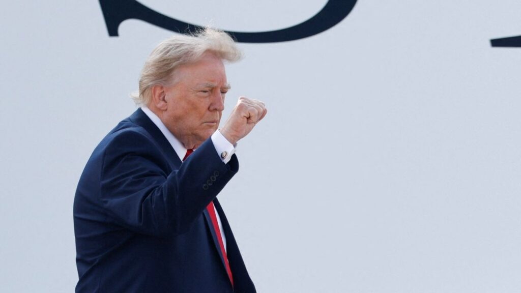 President Donald Trump gestures as he boards the new Air Force One, a plane gifted by the Qatari government, at Joint Base Andrews, Maryland, U.S., July 1, 2026. (Reuters/Kylie Cooper)