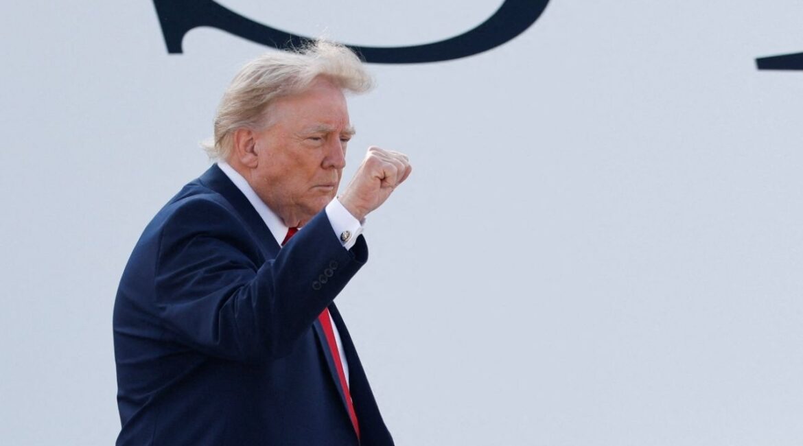 President Donald Trump gestures as he boards the new Air Force One, a plane gifted by the Qatari government, at Joint Base Andrews, Maryland, U.S., July 1, 2026. (Reuters/Kylie Cooper)