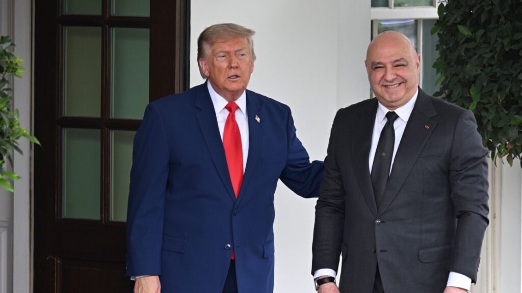 President Donald Trump, left, greets President Joseph Aoun of Lebanon at the White House in Washington, on Tuesday, July 21, 2026. The Lebanese army deployed on Tuesday in a village in southern Lebanon after Israeli forces withdrew from it, marking the first step in a phased U.S.-backed plan to end the conflict. (Kenny Holston/The New York Times)
