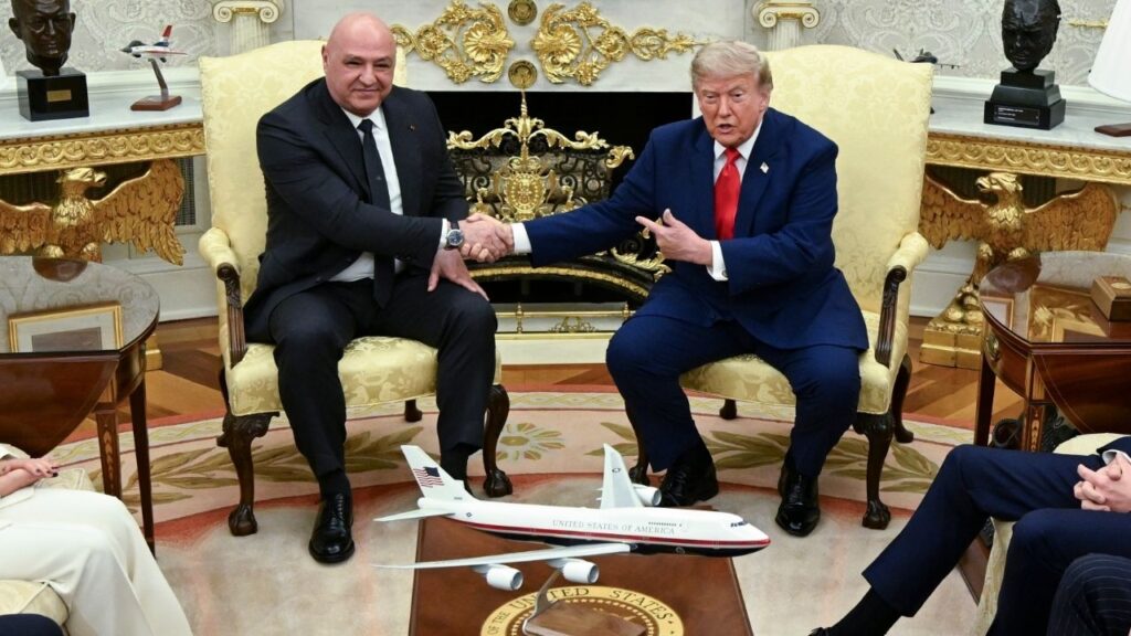 President Donald Trump, right, meets with President Joseph Aoun of Lebanon in the Oval Office of the White House in Washington, on Tuesday, July 21, 2026. The Lebanese army deployed on Tuesday in a village in southern Lebanon after Israeli forces withdrew from it, marking the first step in a phased U.S.-backed plan to end the conflict. (Kenny Holston/The New York Times)