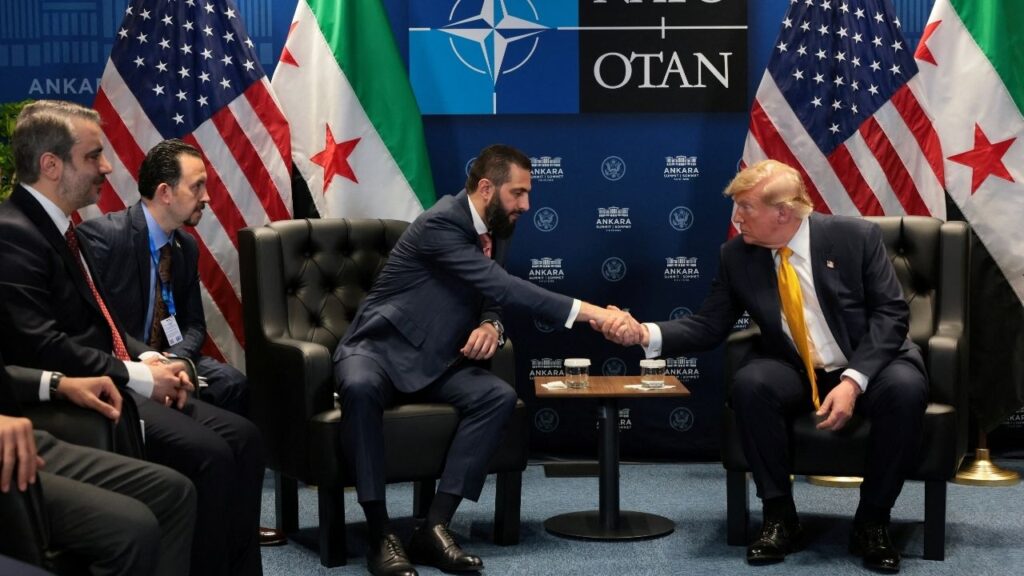 President Donald Trump shakes hands with Syrian President Ahmed al-Sharaa during a bilateral meeting alongside the NATO leaders summit at the Bestepe Presidential Compound in Ankara, Turkey, July 8, 2026. REUTERS/Jonathan Ernst