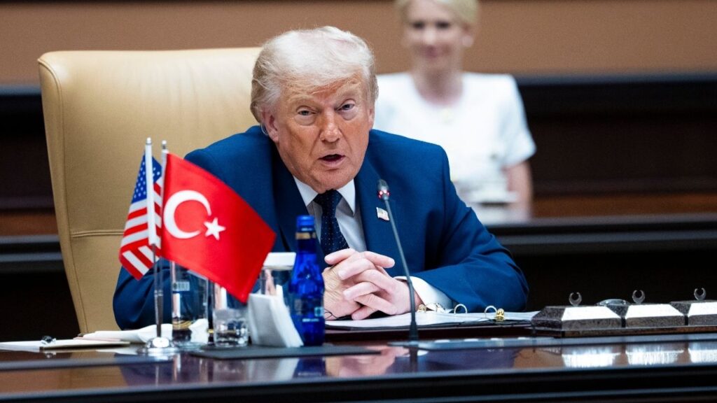 President Donald Trump speaks as he and American officials meet with President Recep Tayyip Erdogan of Turkey and Turkish officials in the presidential compound in Ankara, Turkey, on Tuesday, July 7, 2026. Shortly after arriving in Turkey on Tuesday for a NATO summit, President Trump again criticized European allies, saying they had not helped the United States in its war against Iran. (Doug Mills/The New York Times)