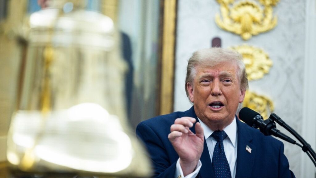 President Donald Trump speaks during an event to launch Trump-branded investment accounts for U.S.-born children in the Oval Office of the White House in Washington, on Monday, July 6, 2026. President Trump emphasized that the new investment savings accounts, which will allow contributions of up to $5,000 per year, will benefit the most low-income children. (Tierney L. Cross/The New York Times)