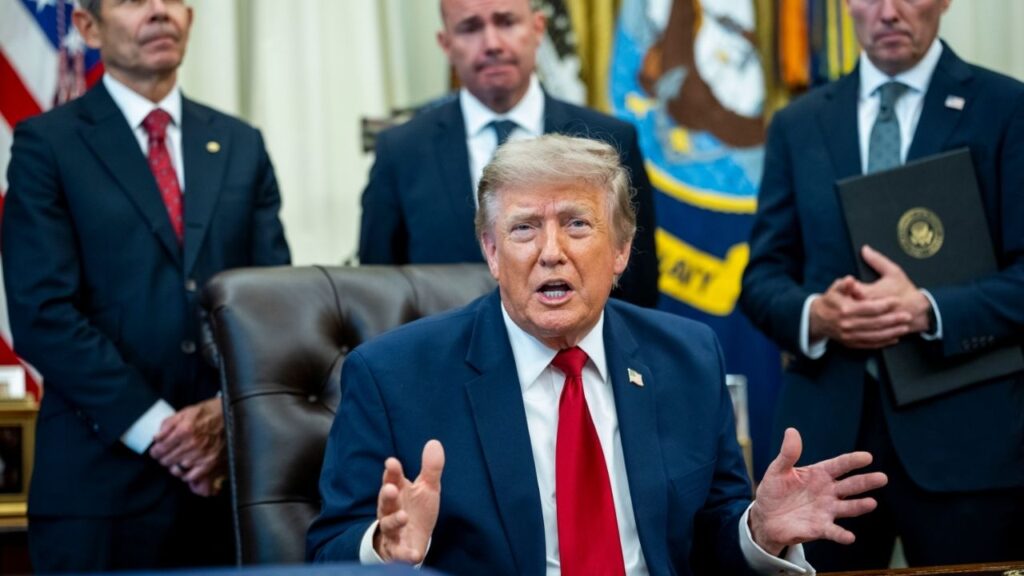 President Donald Trump speaks in the Oval Office of the White House in Washington, on Monday, July 13, 2026. The Trump administration said on Wednesday that it would impose a new 25 percent tariff on Brazil next week, arguing that the country had adopted a range of unfair trade practices against the United States. Trump first imposed tariffs on Brazil last year in an effort to help former President Jair Bolsonaro avoid a jail sentence. (Doug Mills/The New York Times)