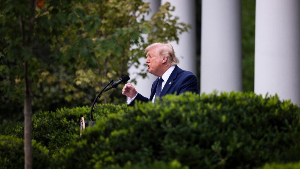 President Donald Trump speaks to the Rose Garden Club Lunch at the White House in Washington, July 6, 2026. President Trump said on Wednesday, July 8, 2026, that he would ask the Supreme Court to reconsider its decision to strike down his executive order that aimed to revoke birthright citizenship, a request that the justices are highly unlikely to take up. (Tierney L. Cross/The New York Times)