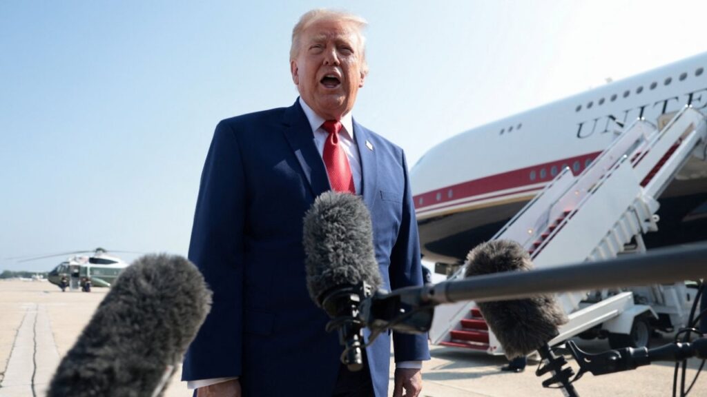 President Donald Trump speaks to the media as he departs for Dover, Delaware, to attend the dignified transfer of U.S. Army service members killed in Jordan and Iraq, amid the Iran war, at Joint Base Andrews, Maryland, U.S., July 22, 2026. (Reuters/Evelyn Hockstein)