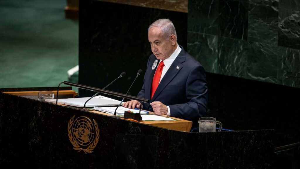 Prime Minister Benjamin Netanyahu of Israel addresses the United Nations General Assembly at U.N. headquarters in New York, Sept. 26, 2025. Israel’s ambassador to the United Nations on Monday, July 20, 2026, fired back at New York City Mayor Zohran Mamdani who has said he is looking into whether he can arrest Netanyahu when he visits the U.N. headquarters in September. (Dave Sanders/The New York Times)