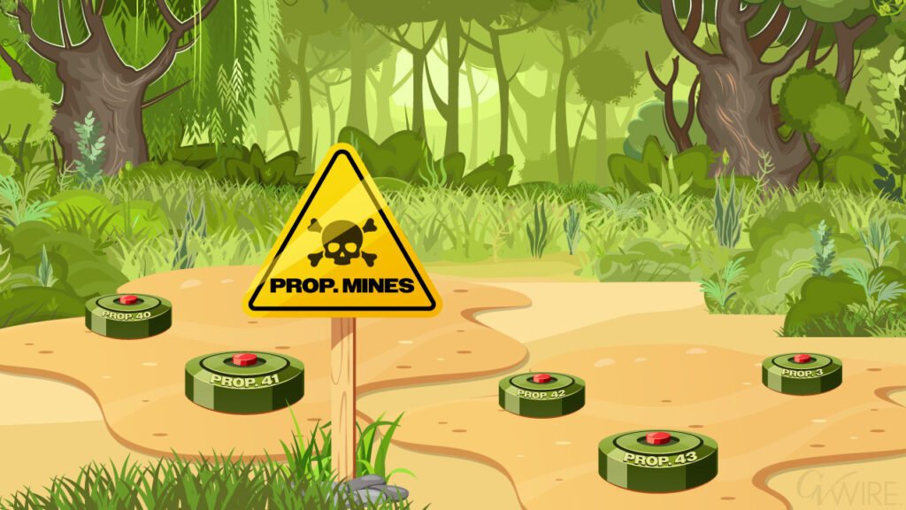 Composition image symbolizing the November 2026 election as a minefield of competing propositions dealing with taxes.