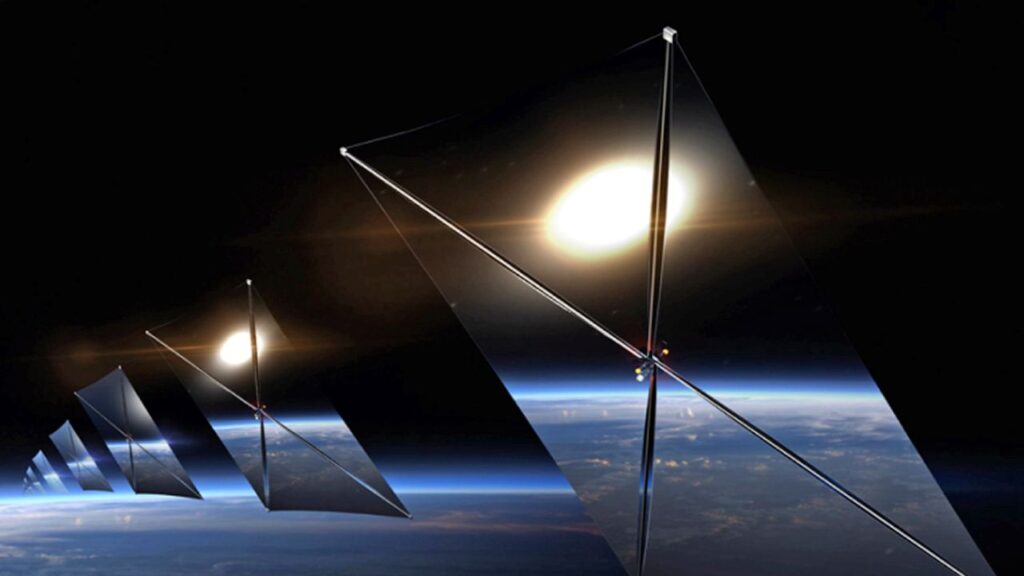 Image of an artist's rendering of a satellite with mirrors to light the night sky