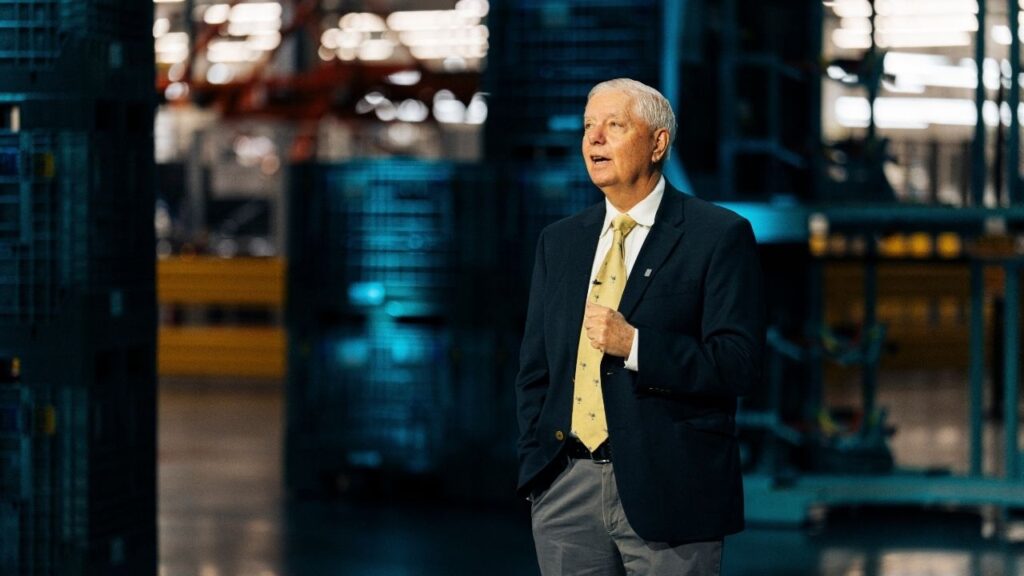 Sen. Lindsey Graham (R-S.C.) speaks at the BMW manufacturing facility in Spartanburg, S.C., June 30, 2026. Graham likely died on Saturday night, July 11, 2026, from a tear in his aorta, officials said, hours after returning to the United States from Ukraine and months before he was to face re-election. (Will Crooks/The New York Times)