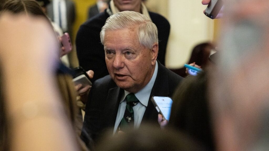 Sen. Lindsey Graham (R-S.C.) speaks to reporters on Capitol Hill in Washington, Nov. 7, 2025. On Saturday, July 11, 2026, Graham died of an aortic dissection — a rip in the aorta, the main artery carrying blood from the heart to the rest of the body. (Anna Rose Layden/The New York Times)