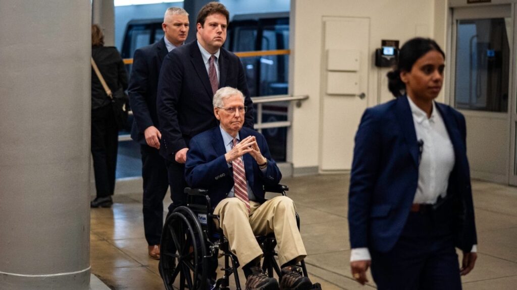 Sen. Mitch McConnell (R-Ky.) on Capitol Hill in Washington, March 4, 2026. McConnell was hospitalized on June 14 — since then, his office has provided few updates about his condition. (Salwan Georges/The New York Times)