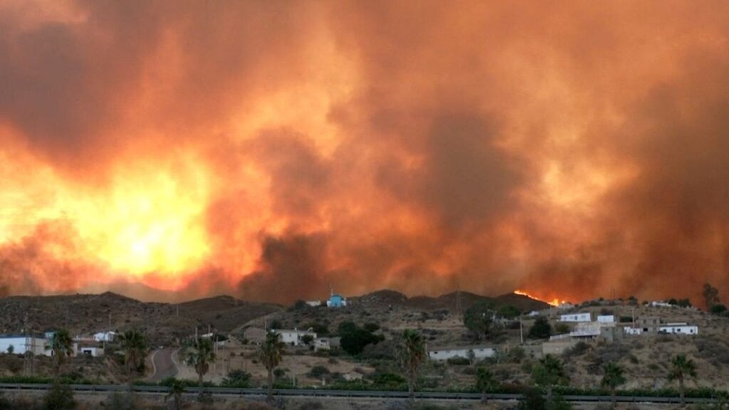 Smoke and flames rise during a wildfire in Los Gallardos, Spain, July 9, 2026 in this screengrab taken from a handout video. (Forta/Handout via Reuters)