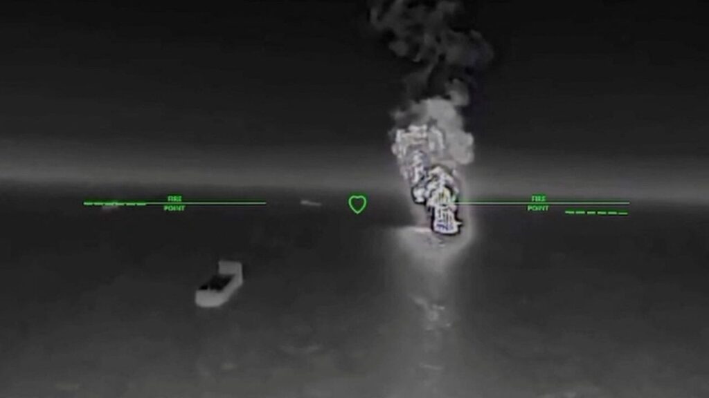 Smoke rises after what the Ukranian authorities say was during a strike as Ukrainian UAVs hit a Russian dark fleet tanker at a location given as Sea of Azov in this screengrab taken from a handout video released on July 7, 2026. Commander of Unmanned Aerial Systems Force/Handout via REUTERS
