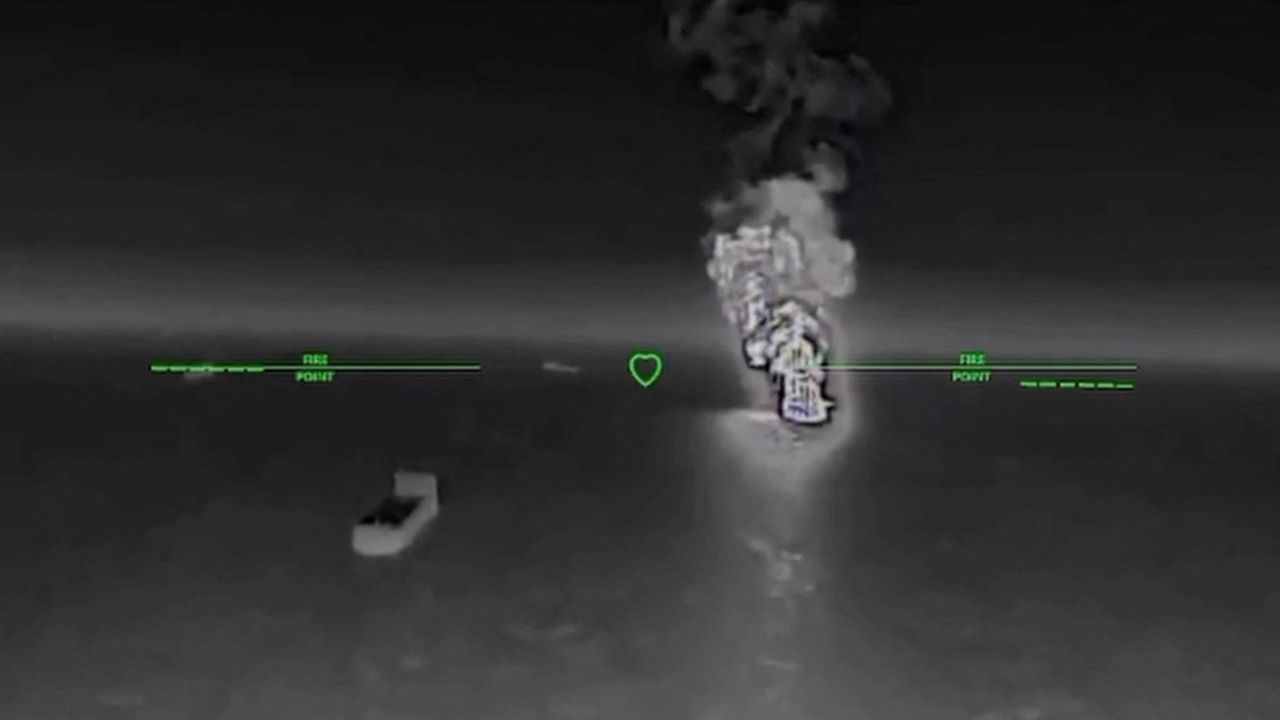 Smoke rises after what the Ukranian authorities say was during a strike as Ukrainian UAVs hit a Russian dark fleet tanker at a location given as Sea of Azov in this screengrab taken from a handout video released on July 7, 2026. Commander of Unmanned Aerial Systems Force/Handout via REUTERS