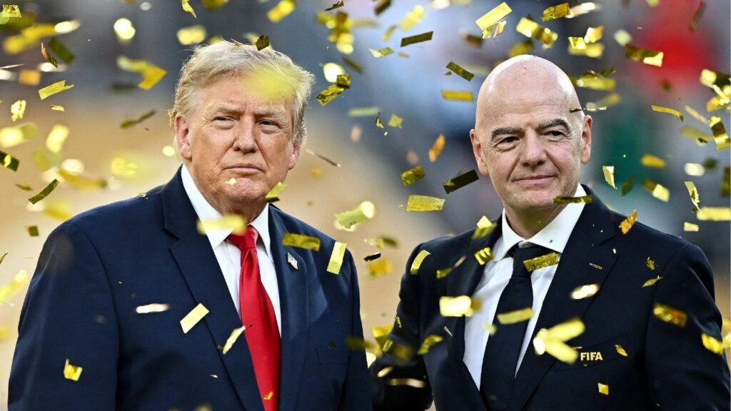 Soccer Football - FIFA World Cup 2026 - Final - Spain v Argentina - New York/New Jersey Stadium, East Rutherford, New Jersey, U.S. - July 19, 2026 U.S. President Donald Trump and FIFA President Gianni Infantino during the trophy presentation after the match REUTERS/Dylan Martinez