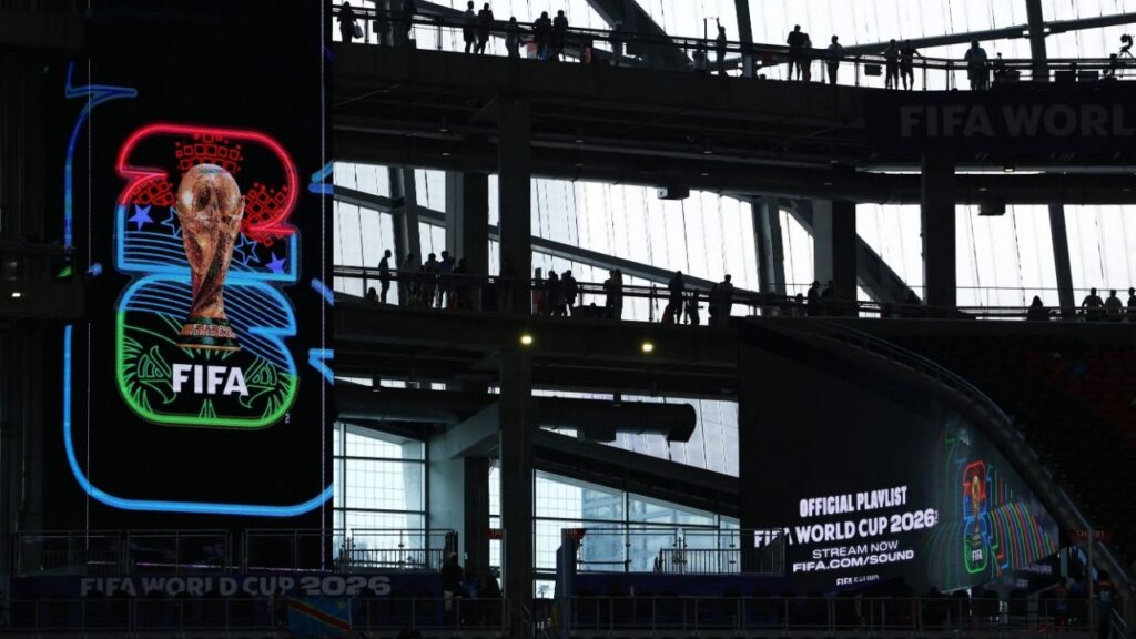 Soccer Football - FIFA World Cup 2026 - Group K - DR Congo v Uzbekistan - Atlanta Stadium, Atlanta, Georgia, U.S. - June 27, 2026 General view of a FIFA World Cup logo on display inside the stadium before the match REUTERS/Claudia Greco
